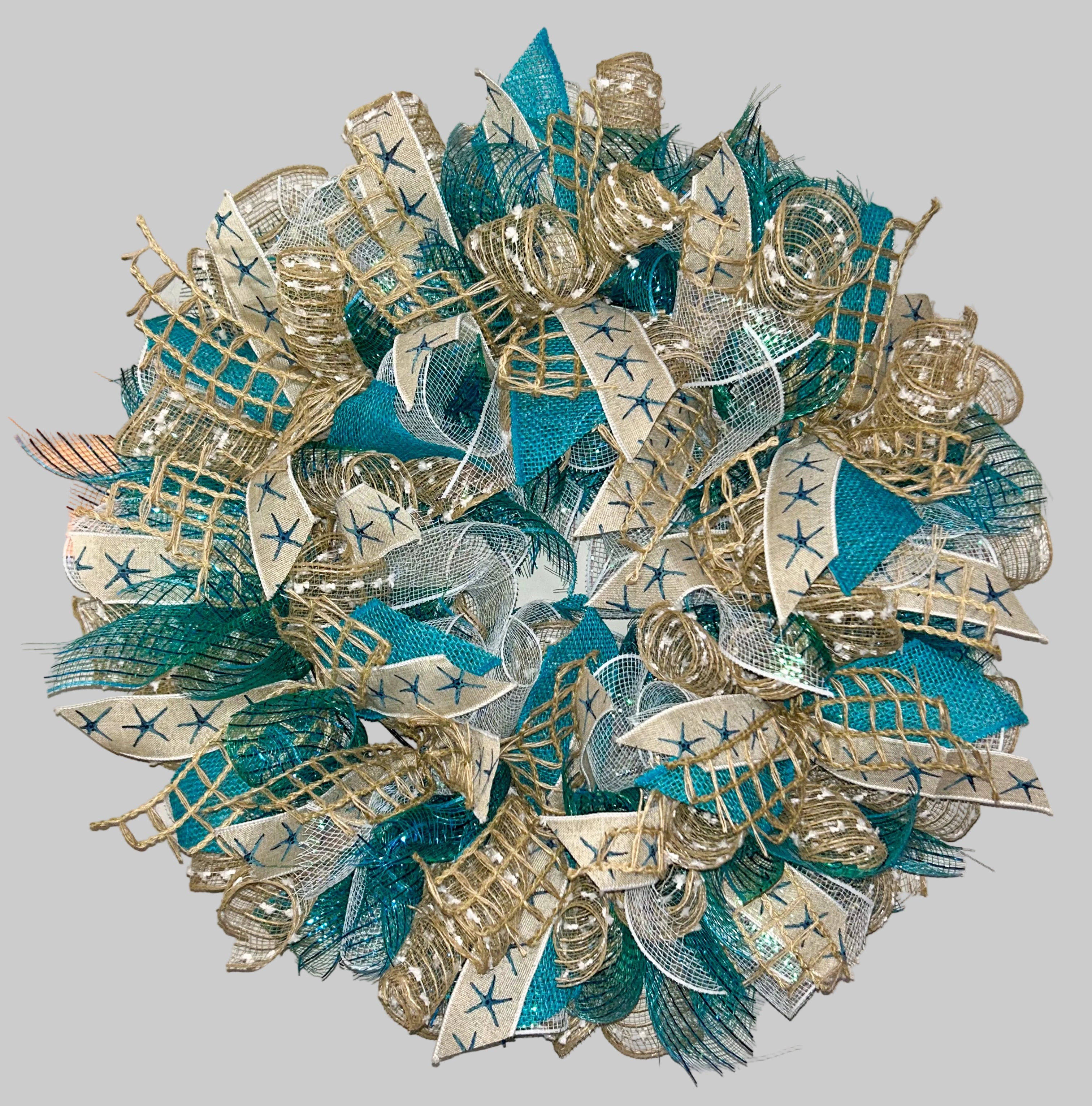 🌊 Coastal Starfish Wreath | Teal & Natural Mesh Door Wreath
